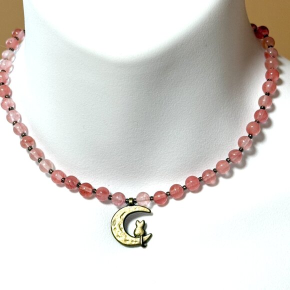 Cherry Quartz Short Necklace with Bronze Cat on the Moon Pendant - Picture 2 of 13